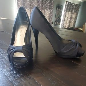 Black peep toe satin heels